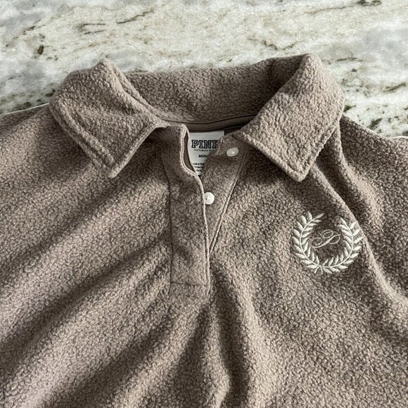 Victorias Secret PINK Fleece Varsity Cropped Sweatshirt Sz M Brown Sherpa Henley - Picture 6 of 14